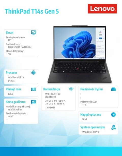 Lenovo Ultrabook ThinkPad T14s G5 21LS002VPB W11Pro Ultra 7 155U/32GB/1TB/INT/14.0 WUXGA/Black/3YRS Premier Support + CO2 Offset Lenovo Ultrabook ThinkPad T14s G5 21LS002VPB W11Pro Ultra 7 155U/32GB/1TB/INT/14.0 WUXGA/Black/3YRS Premier Support + CO2 Offset