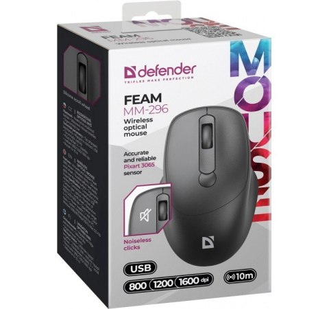 Defender Mysz bezprzewodowa silent click FEAM MM-296 RF 1600 DPI Czarna Defender Mysz bezprzewodowa silent click FEAM MM-296 RF 1600 DPI Czarna