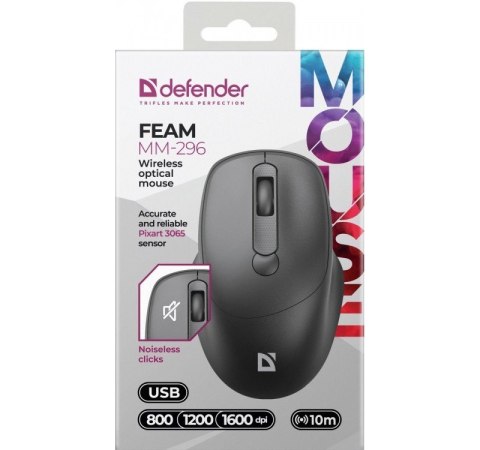 Defender Mysz bezprzewodowa silent click FEAM MM-296 RF 1600 DPI Czarna Defender Mysz bezprzewodowa silent click FEAM MM-296 RF 1600 DPI Czarna