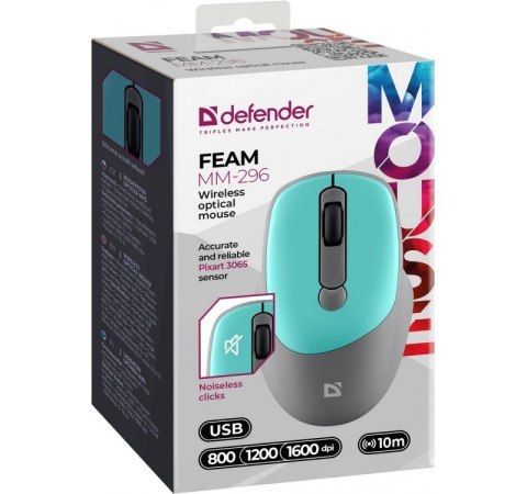 Defender Mysz bezprzewodowa silent click FEAM MM-296 RF 1600 DPI Miętowa Defender Mysz bezprzewodowa silent click FEAM MM-296 RF 1600 DPI Miętowa