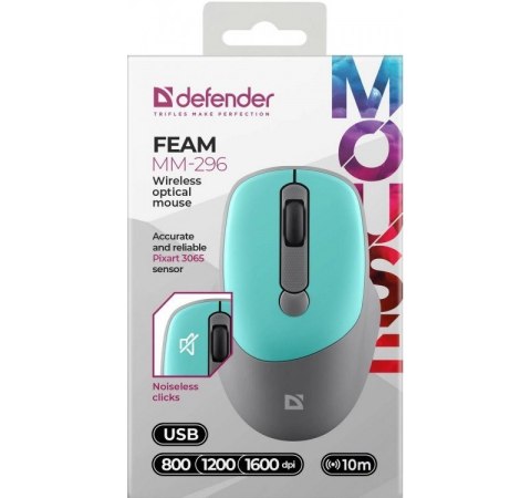 Defender Mysz bezprzewodowa silent click FEAM MM-296 RF 1600 DPI Miętowa Defender Mysz bezprzewodowa silent click FEAM MM-296 RF 1600 DPI Miętowa
