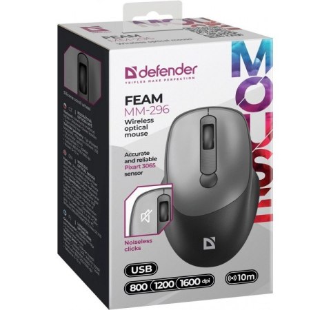 Defender Mysz bezprzewodowa silent click FEAM MM-296 RF 1600 DPI Szara Defender Mysz bezprzewodowa silent click FEAM MM-296 RF 1600 DPI Szara