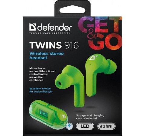 Defender Słuchawki douszne bezprzewodowe TWINS 916 Zielone Defender Słuchawki douszne bezprzewodowe TWINS 916 Zielone