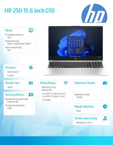 HP Inc. Notebook 250 G10 i7-1355U 512GB/16GB/W11Pro/15,6 cali AD1A8ET HP Inc. Notebook 250 G10 i7-1355U 512GB/16GB/W11Pro/15,6 cali AD1A8ET