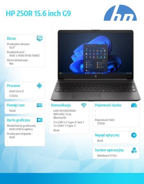 HP Inc. Notebook 250R G9 i3-1315U 512GB/16GB/W11P/15,6 cali AD1A7ET HP Inc. Notebook 250R G9 i3-1315U 512GB/16GB/W11P/15,6 cali AD1A7ET