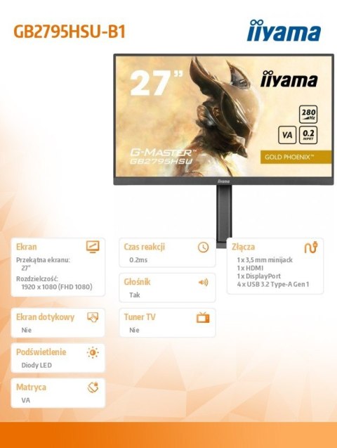 IIYAMA Monitor 27 cali GB2795HSU-B1 0.2ms, VA, DP, HDMI, 280Hz IIYAMA Monitor 27 cali GB2795HSU-B1 0.2ms, VA, DP, HDMI, 280Hz