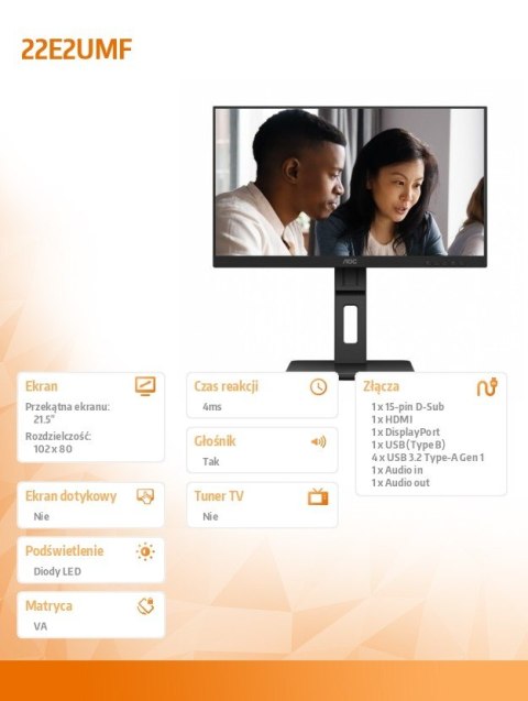 AOC Monitor 22E2UMF 21.5 cala VA HDMI DP Pivot Głośniki AOC Monitor 22E2UMF 21.5 cala VA HDMI DP Pivot Głośniki