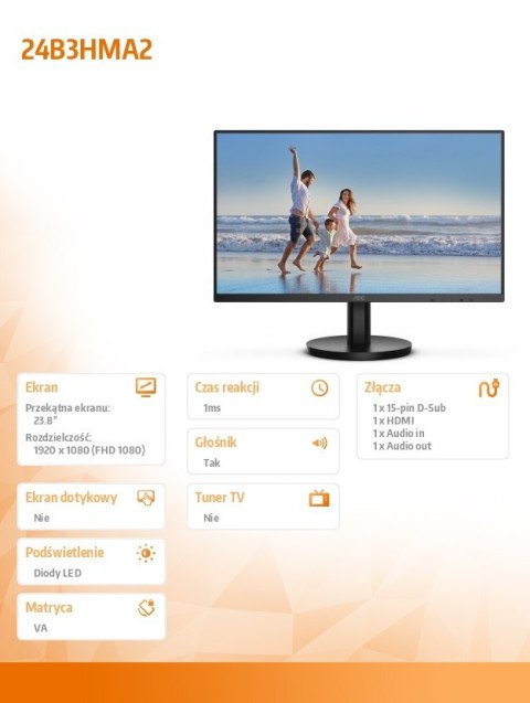 AOC Monitor 23.8 cali 24B3HMA2 VA 100Hz HDMI Głośniki AOC Monitor 23.8 cali 24B3HMA2 VA 100Hz HDMI Głośniki