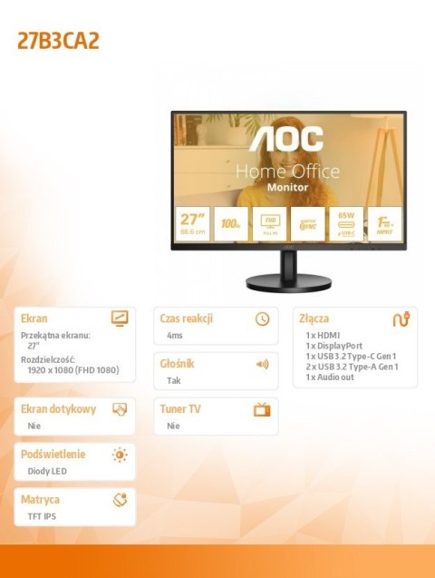 AOC Monitor 27B3CA2 27 cali IPS 100Hz HDMI DP USB-C AOC Monitor 27B3CA2 27 cali IPS 100Hz HDMI DP USB-C