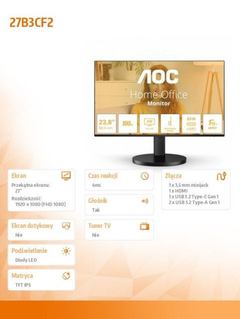 AOC Monitor 27B3CF2 27 cali IPS 100Hz HDMI USB-C HAS AOC Monitor 27B3CF2 27 cali IPS 100Hz HDMI USB-C HAS