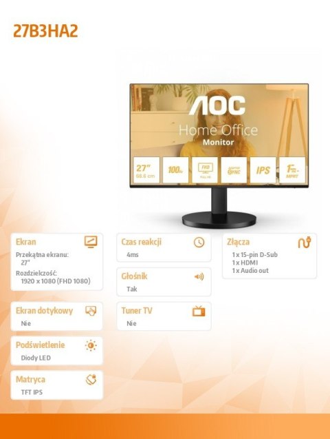 AOC Monitor 27B3HA2 27 cali IPS 100Hz HDMI Głośniki AOC Monitor 27B3HA2 27 cali IPS 100Hz HDMI Głośniki
