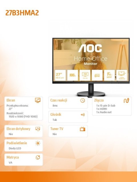AOC Monitor 27B3HMA2 27 cali VA 100Hz HDMI Głośniki AOC Monitor 27B3HMA2 27 cali VA 100Hz HDMI Głośniki