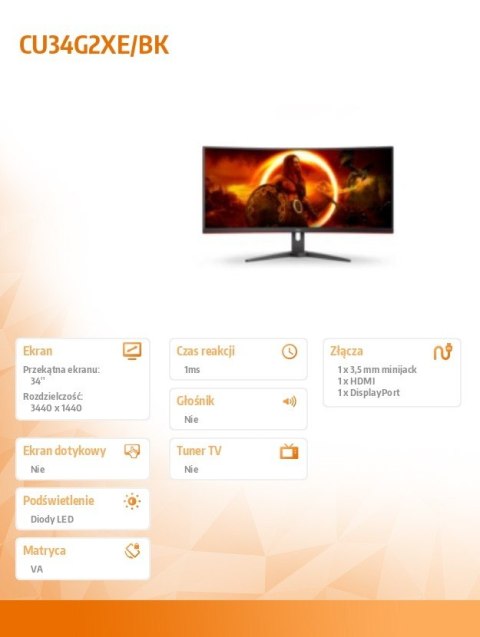 AOC Monitor 34 cale CU34G2XE 34 cale VA Zakrzywiony 144Hz HDMI DP AOC Monitor 34 cale CU34G2XE 34 cale VA Zakrzywiony 144Hz HDMI DP