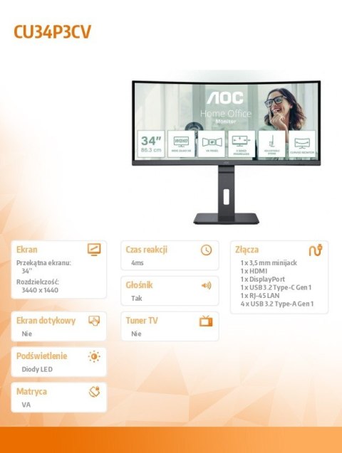 AOC Monitor CU34P3CV 34 cale 100Hz Curved VA HDMI DP USB-C AOC Monitor CU34P3CV 34 cale 100Hz Curved VA HDMI DP USB-C