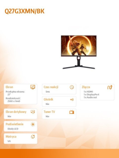 AOC Monitor Q27G3XMN 27 cali VA 180Hz HDMI DP Pivot AOC Monitor Q27G3XMN 27 cali VA 180Hz HDMI DP Pivot