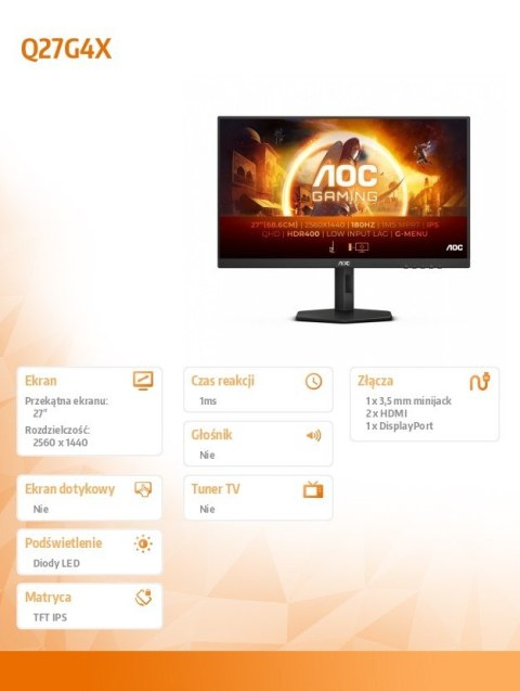 AOC Monitor Q27G4X 27 cali IPS 180Hz HDMIx2 DP Pivot AOC Monitor Q27G4X 27 cali IPS 180Hz HDMIx2 DP Pivot