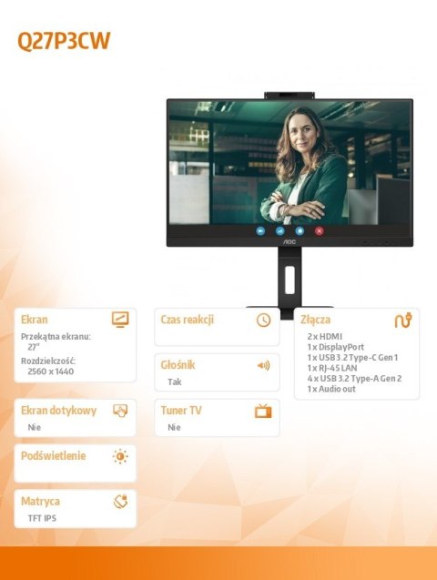 AOC Monitor Q27P3CW 27'' IPS DP HDMIx2 USB-C Pivot Kamera AOC Monitor Q27P3CW 27'' IPS DP HDMIx2 USB-C Pivot Kamera