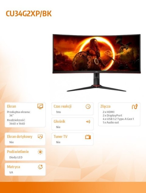 AOC Monitor zakrzywiony CU34G2XP 34 cale VA 180Hz HDMIx2 DPx2 AOC Monitor zakrzywiony CU34G2XP 34 cale VA 180Hz HDMIx2 DPx2