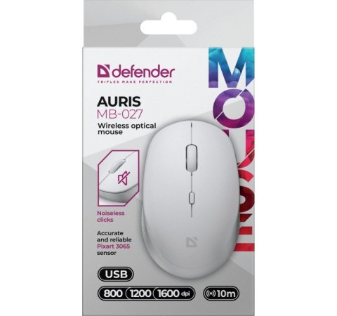 Defender Mysz bezprzewodowa silent click AURIS MB-027 800/1200/1600 DPI biała Defender Mysz bezprzewodowa silent click AURIS MB-027 800/1200/1600 DPI biała