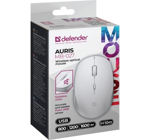Defender Mysz bezprzewodowa silent click AURIS MB-027 800/1200/1600 DPI biała Defender Mysz bezprzewodowa silent click AURIS MB-027 800/1200/1600 DPI biała
