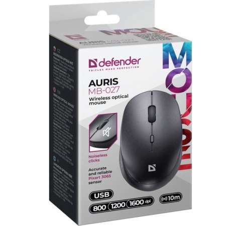 Defender Mysz bezprzewodowa silent click AURIS MB-027 800/1200/1600 DPI czarna Defender Mysz bezprzewodowa silent click AURIS MB-027 800/1200/1600 DPI czarna