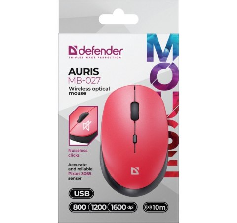 Defender Mysz bezprzewodowa silent click AURIS MB-027 800/1200/1600 DPI czerwona Defender Mysz bezprzewodowa silent click AURIS MB-027 800/1200/1600 DPI czerwona