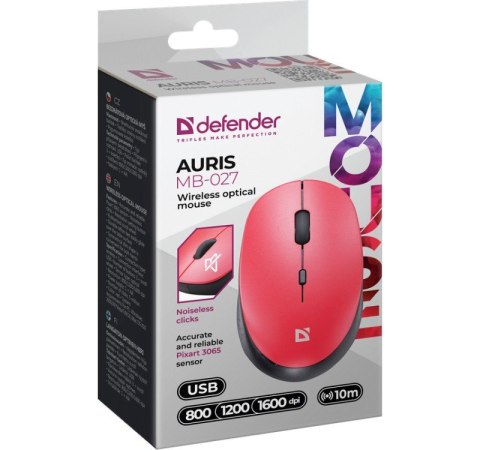 Defender Mysz bezprzewodowa silent click AURIS MB-027 800/1200/1600 DPI czerwona Defender Mysz bezprzewodowa silent click AURIS MB-027 800/1200/1600 DPI czerwona