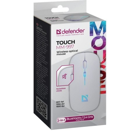 Defender Mysz bezprzewodowa silent click TOUCH MM-997 akumulator 800/1200/1600 DPI biała Defender Mysz bezprzewodowa silent click TOUCH MM-997 akumulator 800/1200/1600 DPI biała