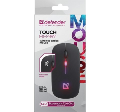 Defender Mysz bezprzewodowa silent click TOUCH MM-997 akumulator 800/1200/1600 DPI czarna Defender Mysz bezprzewodowa silent click TOUCH MM-997 akumulator 800/1200/1600 DPI czarna