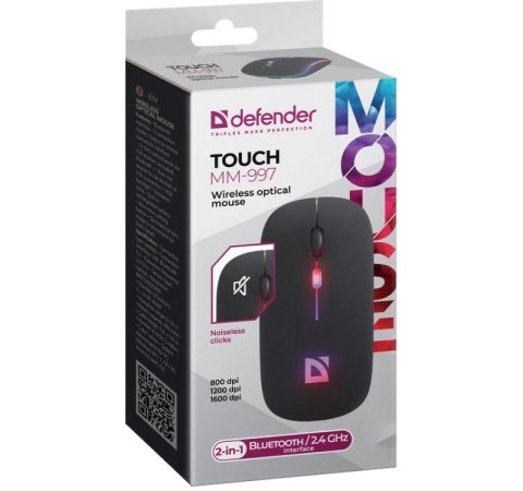 Defender Mysz bezprzewodowa silent click TOUCH MM-997 akumulator 800/1200/1600 DPI czarna Defender Mysz bezprzewodowa silent click TOUCH MM-997 akumulator 800/1200/1600 DPI czarna