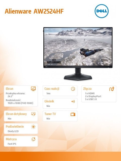 Dell Monitor Alienware AW2524HF 24.5 cala AMD FreeSync Premium 500Hz Full HD (1920x1080)/16:9/DP/HDMI/USB/3Y AES&PPE Dell Monitor Alienware AW2524HF 24.5 cala AMD FreeSync Premium 500Hz Full HD (1920x1080)/16:9/DP/HDMI/USB/3Y AES&PPE
