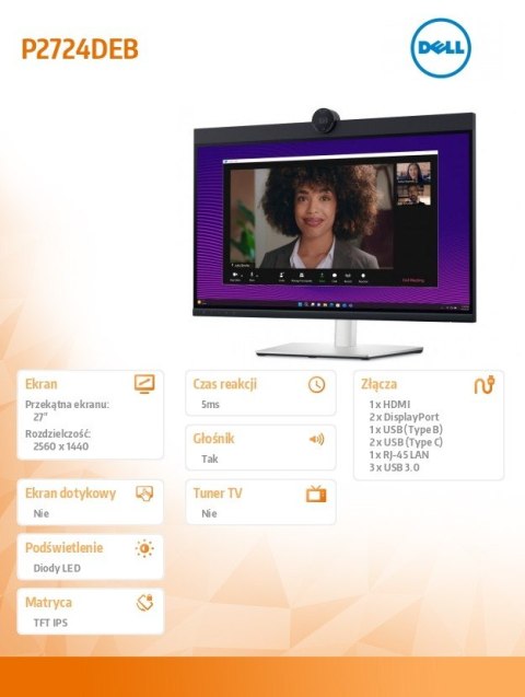 Dell Monitor P2724DEB 27 cali LED IPS QHD (2560x1440)/16:9/HDMI/DP/RJ-45/Kamera/Głośniki/Mikrofon/3YPPG Dell Monitor P2724DEB 27 cali LED IPS QHD (2560x1440)/16:9/HDMI/DP/RJ-45/Kamera/Głośniki/Mikrofon/3YPPG