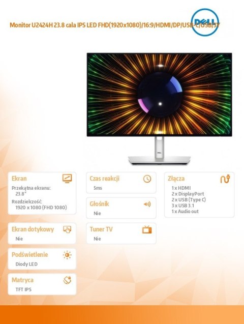 Dell Monitor U2424H 23.8 cala IPS LED FHD(1920x1080)/16:9/HDMI/DP/USB-C/USB/3Y Dell Monitor U2424H 23.8 cala IPS LED FHD(1920x1080)/16:9/HDMI/DP/USB-C/USB/3Y
