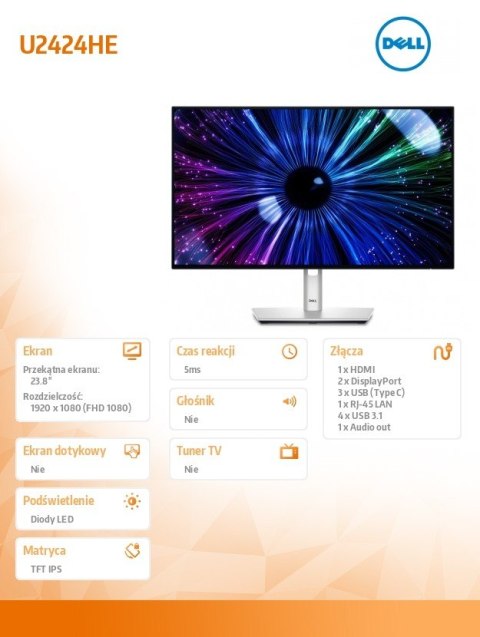 Dell Monitor U2424HE 23.8 cala IPS LED FHD(1920x1080)/16:9/HDMI/DP/USB-C/USB/RJ-45/3Y Dell Monitor U2424HE 23.8 cala IPS LED FHD(1920x1080)/16:9/HDMI/DP/USB-C/USB/RJ-45/3Y