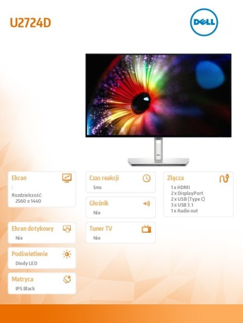 Dell Monitor U2724D 27 cali IPS LED QHD(2560x1440)/16:9/HDMI/DP/USB-C/USB/3Y Dell Monitor U2724D 27 cali IPS LED QHD(2560x1440)/16:9/HDMI/DP/USB-C/USB/3Y