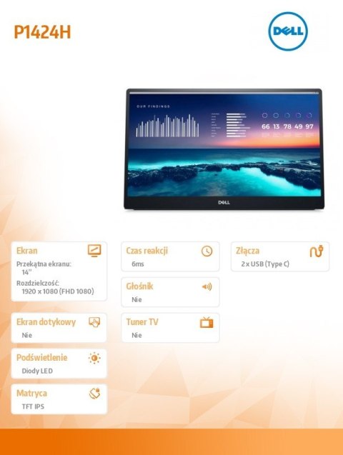 Dell Monitor przenośny P1424H 14.0 cali 16:9/1920x1080/2xUSB-C Dell Monitor przenośny P1424H 14.0 cali 16:9/1920x1080/2xUSB-C