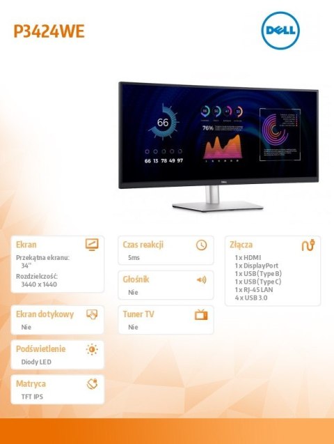 Dell Monitor zakrzywiony 34 cale P3424WE 21:9/3440x1440/IPS/USBC/RJ45/HDMI/DP/3Y Dell Monitor zakrzywiony 34 cale P3424WE 21:9/3440x1440/IPS/USBC/RJ45/HDMI/DP/3Y