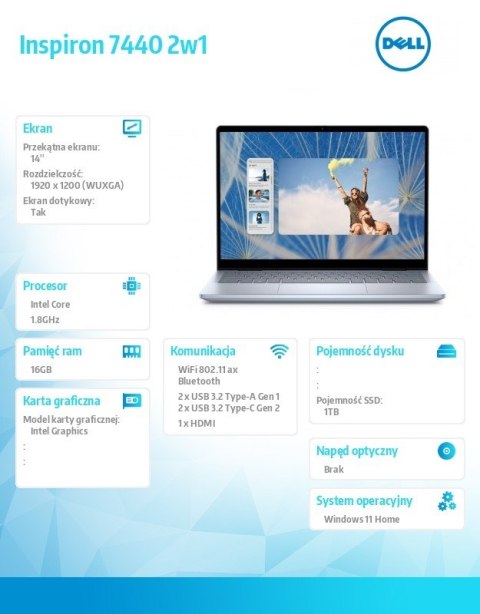 Dell Notebook Inspiron 7440 2w1 W11Home Ultra 7150U/1TB/16GB/Zintegrowana/3Y NBD Dell Notebook Inspiron 7440 2w1 W11Home Ultra 7150U/1TB/16GB/Zintegrowana/3Y NBD