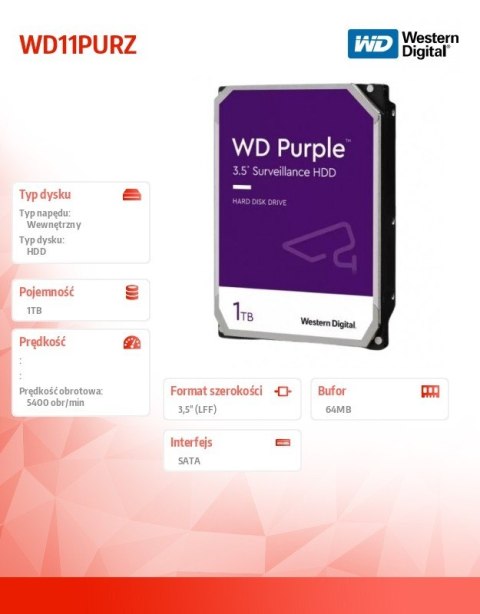Western Digital Dysk Purple 1TB 3.5 cala WD11PURZ Western Digital Dysk Purple 1TB 3.5 cala WD11PURZ