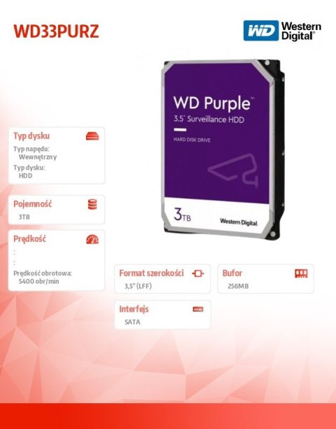 Western Digital Dysk Purple 3TB 3.5 cala WD33PURZ Western Digital Dysk Purple 3TB 3.5 cala WD33PURZ