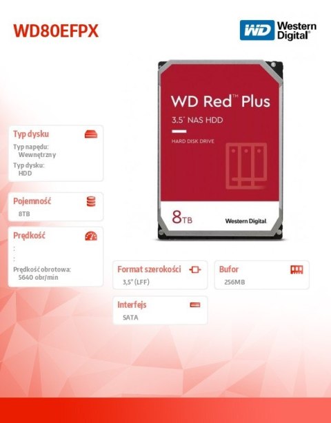 Western Digital Dysk twardy Red Plus 8TB 3,5 cala CMR 256MB/5640RPM Class Western Digital Dysk twardy Red Plus 8TB 3,5 cala CMR 256MB/5640RPM Class