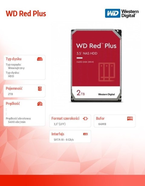 Western Digital Dysk twardy WD Red Plus 2TB 3,5 CMR 64MB/5400RPM Western Digital Dysk twardy WD Red Plus 2TB 3,5 CMR 64MB/5400RPM