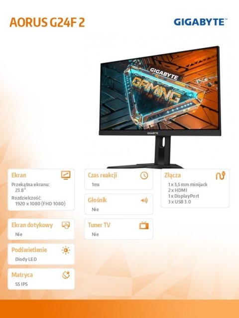 Gigabyte Monitor 23.8 cala AORUS G24F 2 1ms/12MLN:1/GAMING/HDMI Gigabyte Monitor 23.8 cala AORUS G24F 2 1ms/12MLN:1/GAMING/HDMI