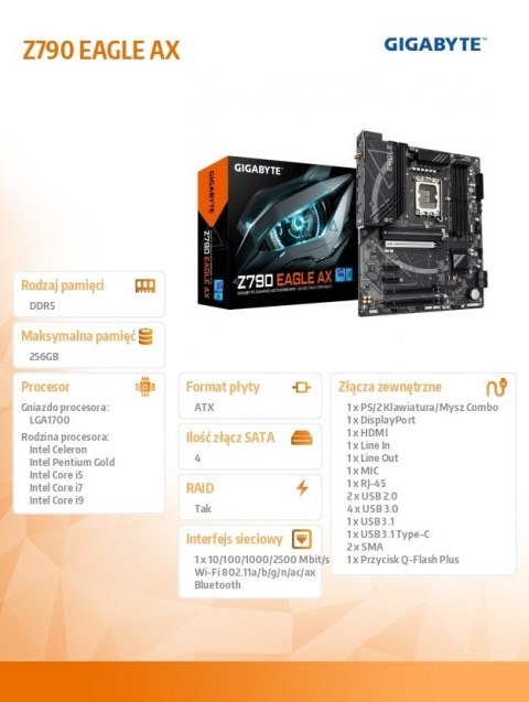 Gigabyte Płyta główna Z790 EAGLE AX s1700 4DDR5 HDMI/DP ATX Gigabyte Płyta główna Z790 EAGLE AX s1700 4DDR5 HDMI/DP ATX