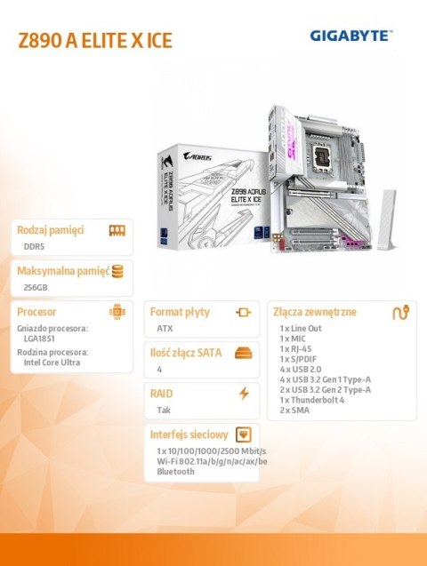 Gigabyte Płyta główna Z890 A ELITE X ICE Gigabyte Płyta główna Z890 A ELITE X ICE