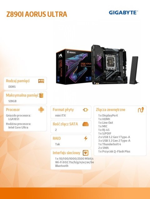 Gigabyte Płyta główna Z890I AORUS ULTRA Gigabyte Płyta główna Z890I AORUS ULTRA