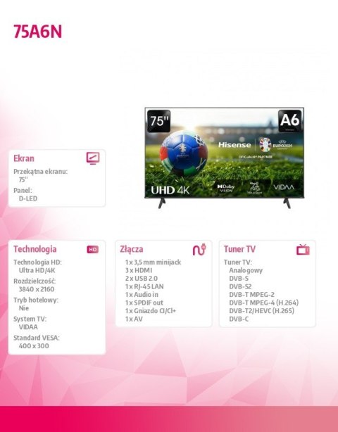 Hisense Telewizor LED 75 cali 75A6N Hisense Telewizor LED 75 cali 75A6N
