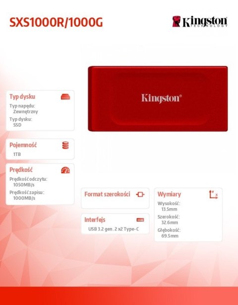Kingston Dysk SSD XS1000R 1TB USB3.2 Gen2.2 Zewnętrzny Red Kingston Dysk SSD XS1000R 1TB USB3.2 Gen2.2 Zewnętrzny Red