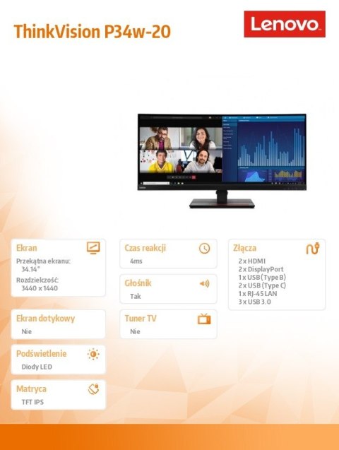 Lenovo Monitor 34.14 cala ThinkVision P34w-20 WLED LCD 63F2RAT3EU Lenovo Monitor 34.14 cala ThinkVision P34w-20 WLED LCD 63F2RAT3EU