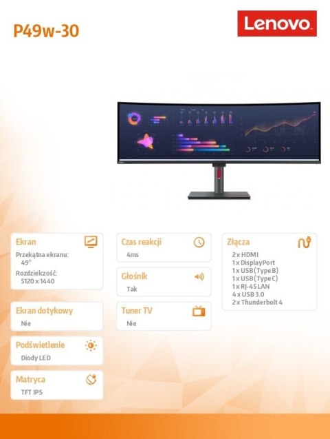 Lenovo Monitor 49.0 cali ThinkVision P49w-30 WLED 63DBRAT1EU Lenovo Monitor 49.0 cali ThinkVision P49w-30 WLED 63DBRAT1EU